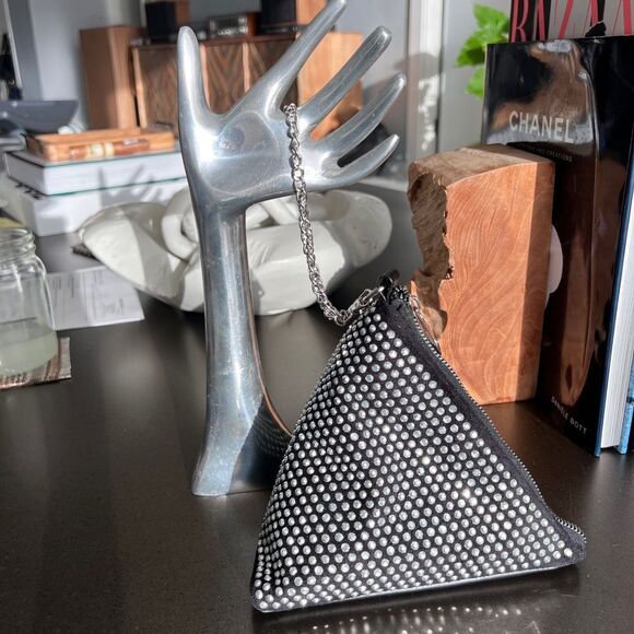 Handbags - Black Triangular Studded Pouch with Silver Chain Zipper